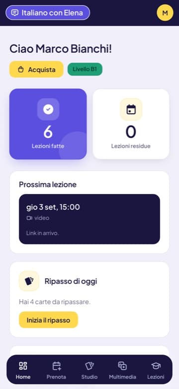 La home dello studente sul telefono