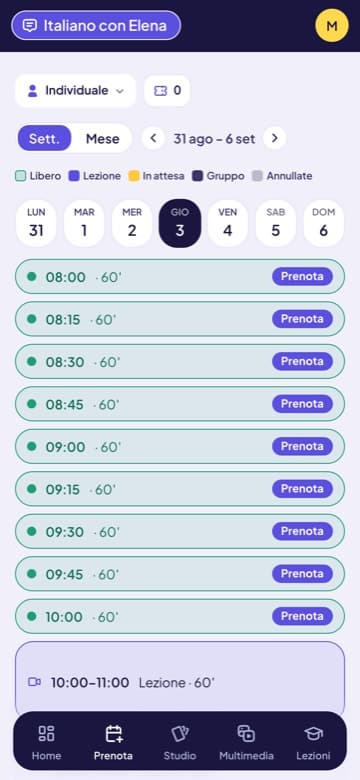 La prenotazione di una lezione sul telefono
