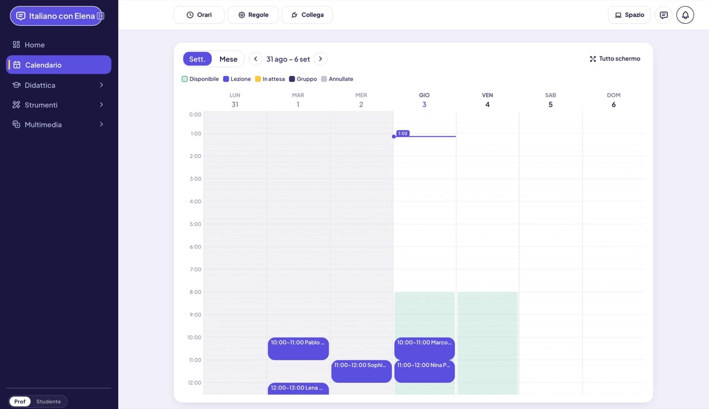 Il calendario settimanale con le fasce disponibili