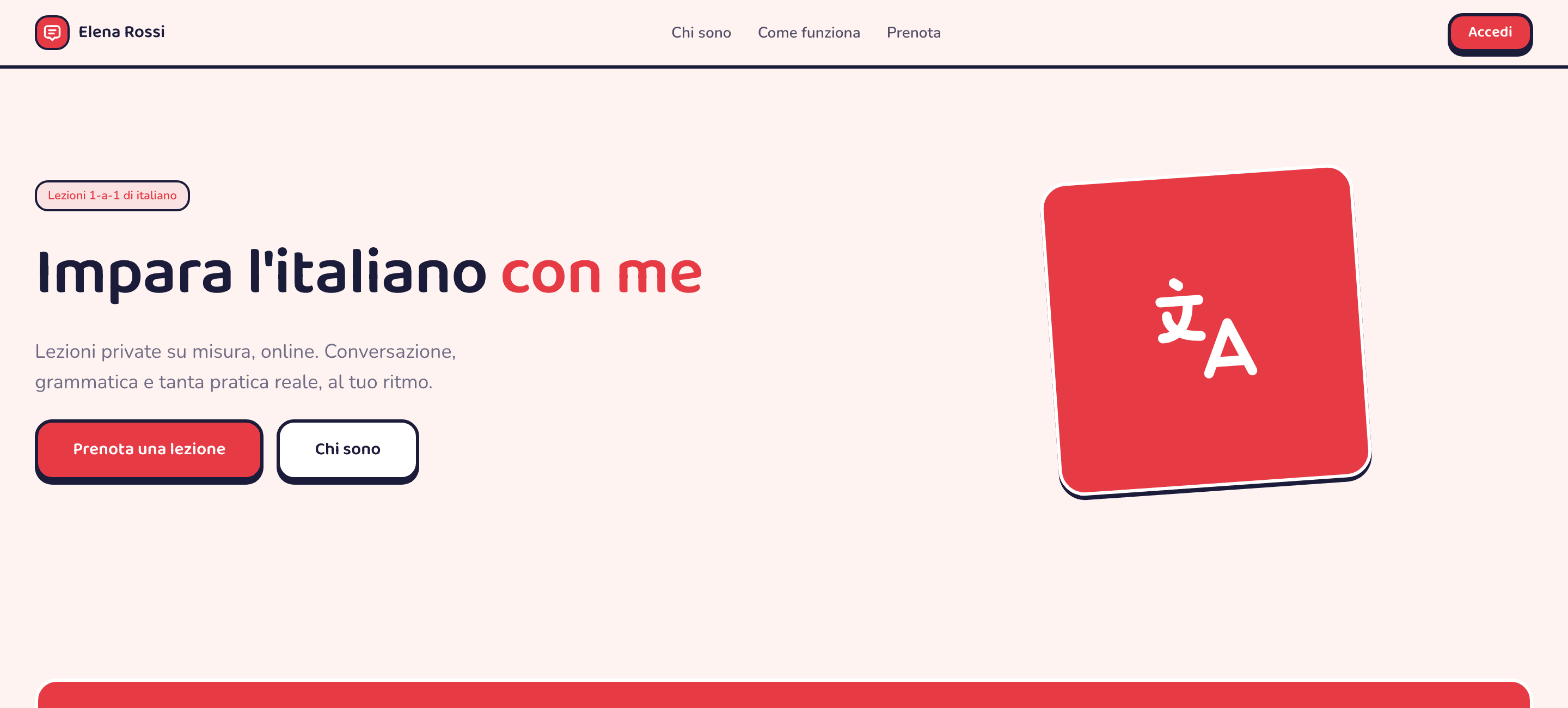 La landing pubblica del sito di una professoressa, con titolo, descrizione e pulsante per prenotare una lezione