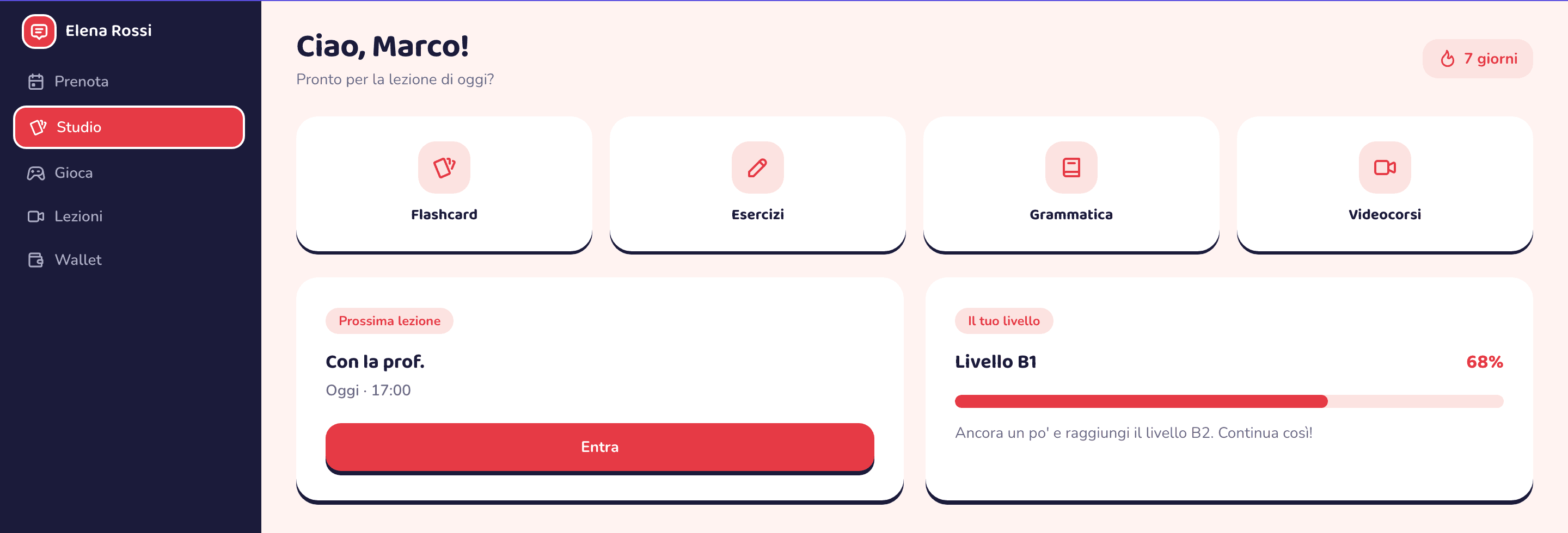 L'area studente con le tile di studio (flashcard, esercizi, grammatica, videocorsi), la prossima lezione e il livello raggiunto